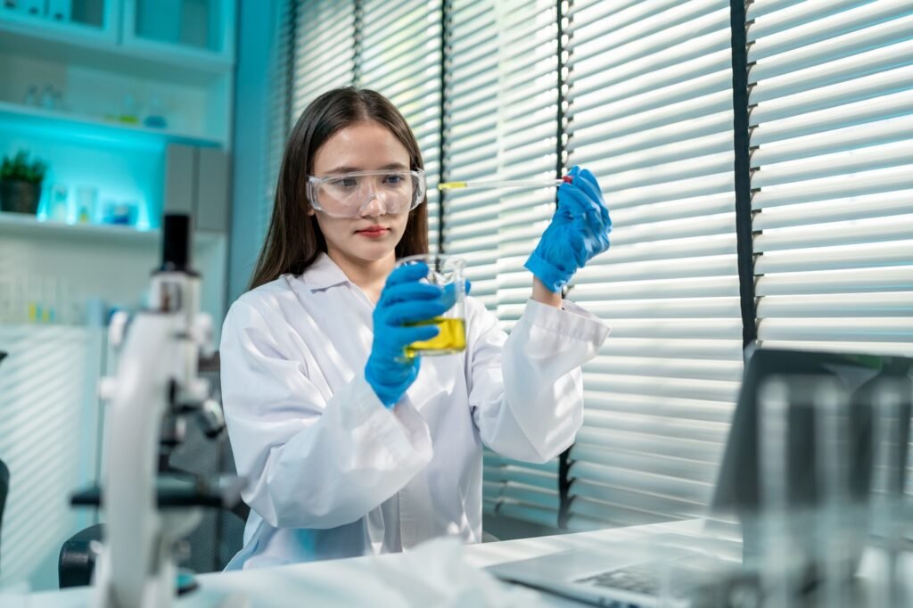 Asian female scientist working in biotechnology research laboratory. A